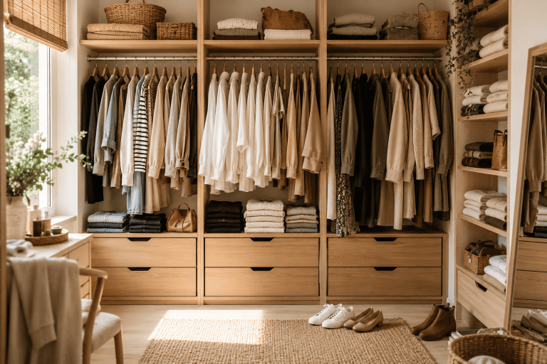 Dressing lumineux et organisé aux tons beige, écru et bois clair