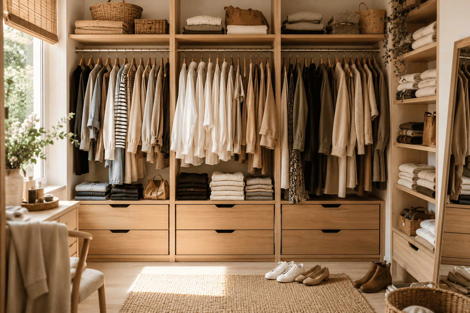 Dressing lumineux et organisé aux tons beige, écru et bois clair