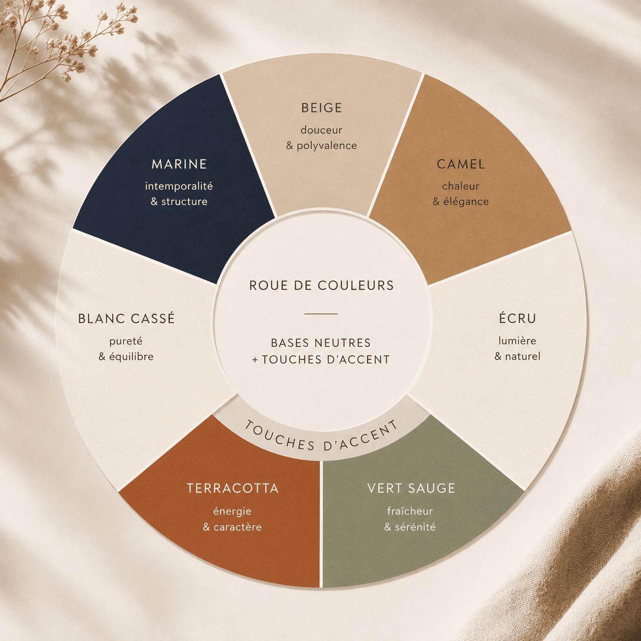 Roue de couleurs pour une garde-robe capsule : bases neutres et touches d'accent