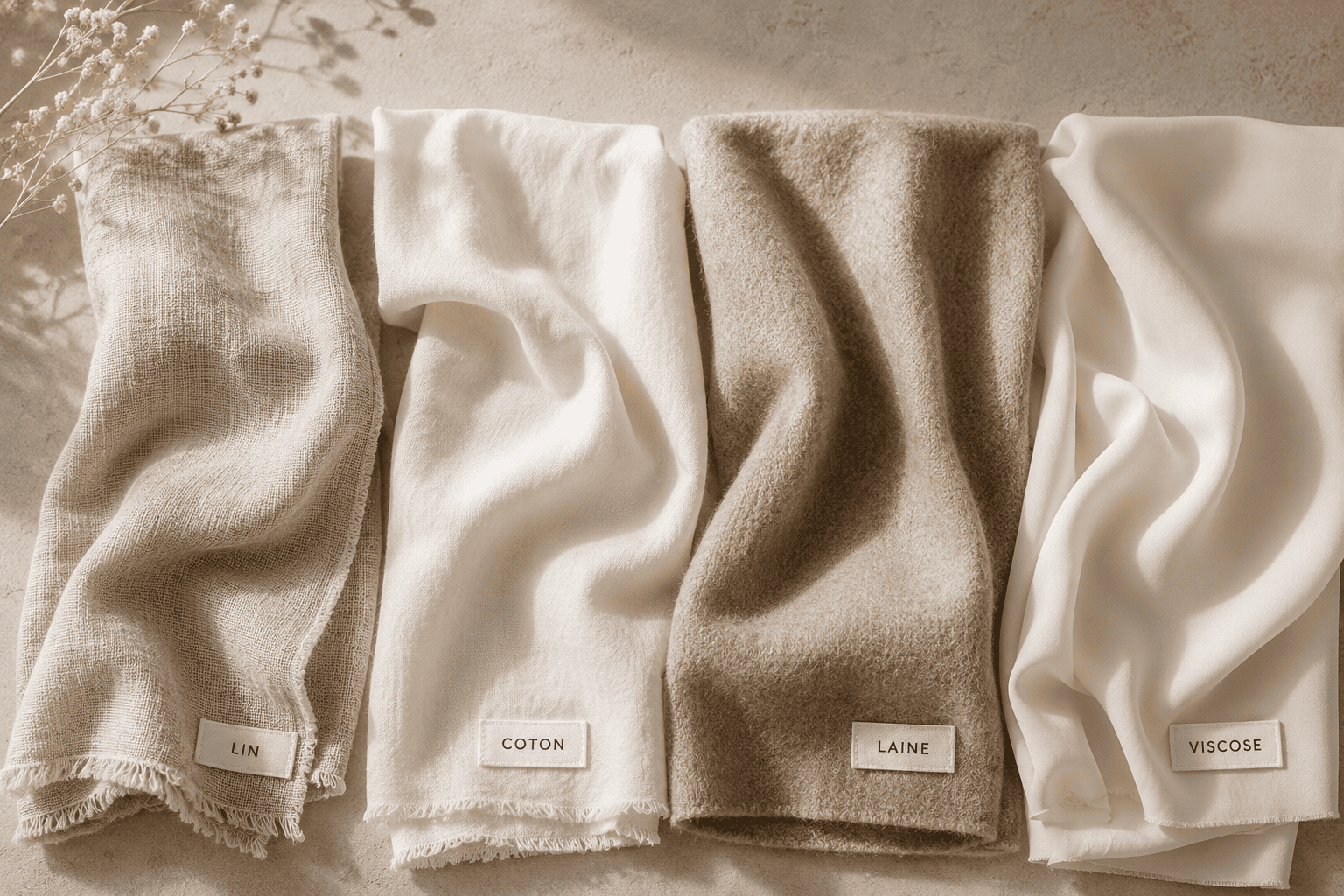 Flat lay des matières : lin, coton, laine et viscose