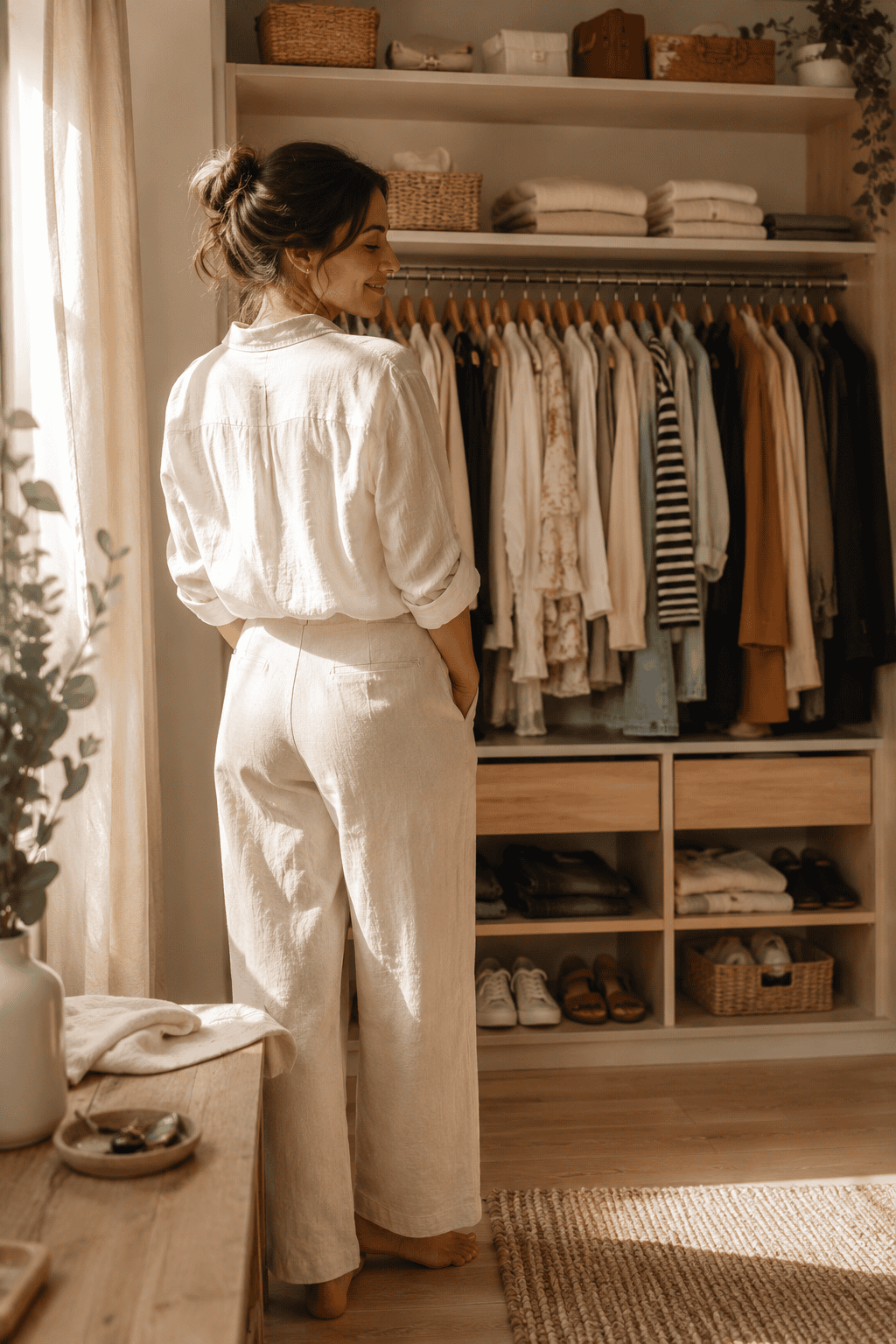 Femme sereine devant un dressing épuré et lumineux