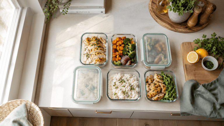 Boîtes de repas préparés à l'avance sur un plan de travail de cuisine, batch cooking
