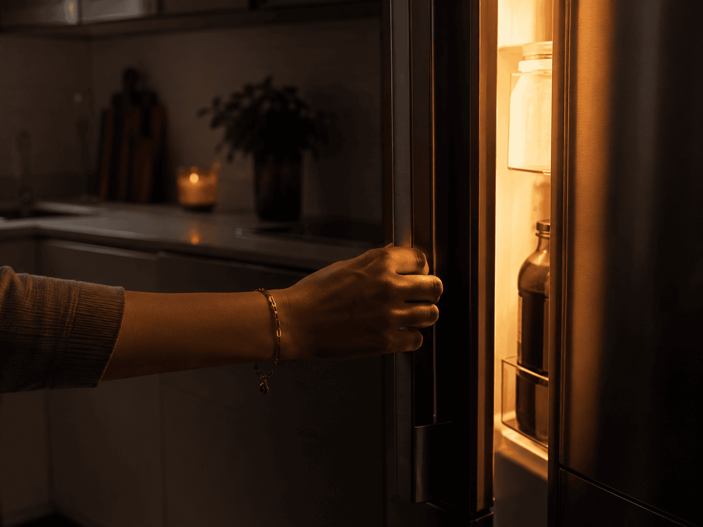 Main ouvrant la porte d'un réfrigérateur en soirée, ambiance chaleureuse