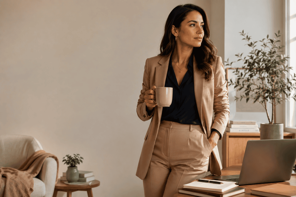 Illustration d'une femme active élégante, entre carrière et équilibre de vie