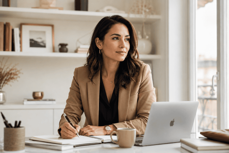 Femme active préparant sa négociation de salaire dans un bureau lumineux