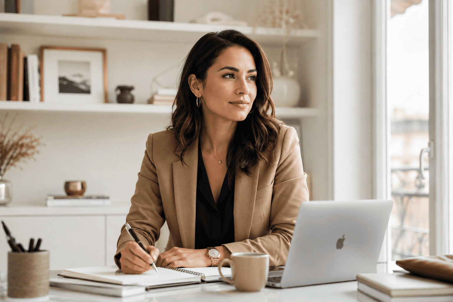 Femme active préparant sa négociation de salaire dans un bureau lumineux