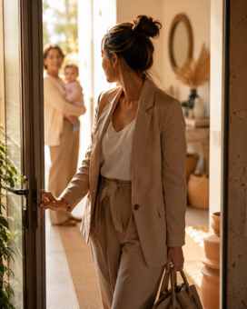 Jeune femme active en tailleur qui quitte la maison le matin en regardant son bébé, symbolisant la reprise du travail après un congé maternité