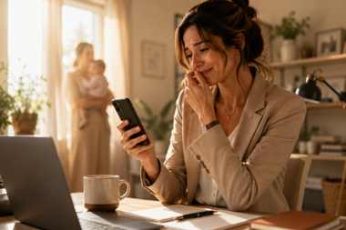 Femme au bureau qui regarde une photo de bébé sur son téléphone, symbolisant la charge émotionnelle de la reprise du travail
