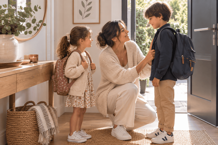 Maman souriante préparant ses deux enfants avant de partir à l'école, rentrée sans stress