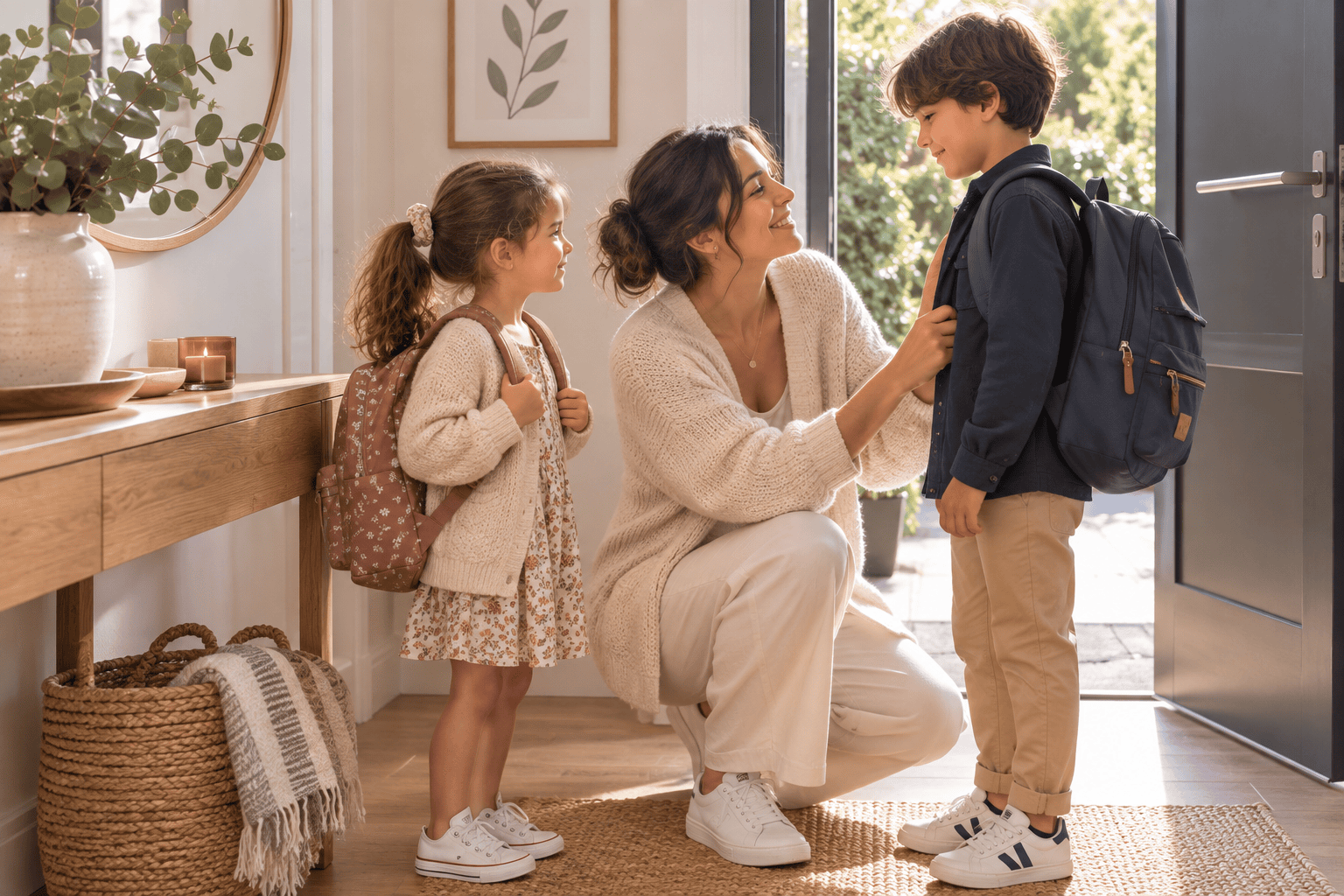 Maman souriante pr&eacute;parant ses deux enfants avant de partir &agrave; l'&eacute;cole, rentr&eacute;e sans stress