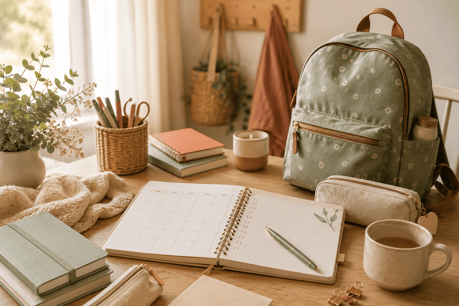 Planning ouvert avec stylo, cartable et fournitures scolaires sur un bureau, préparation de la rentrée