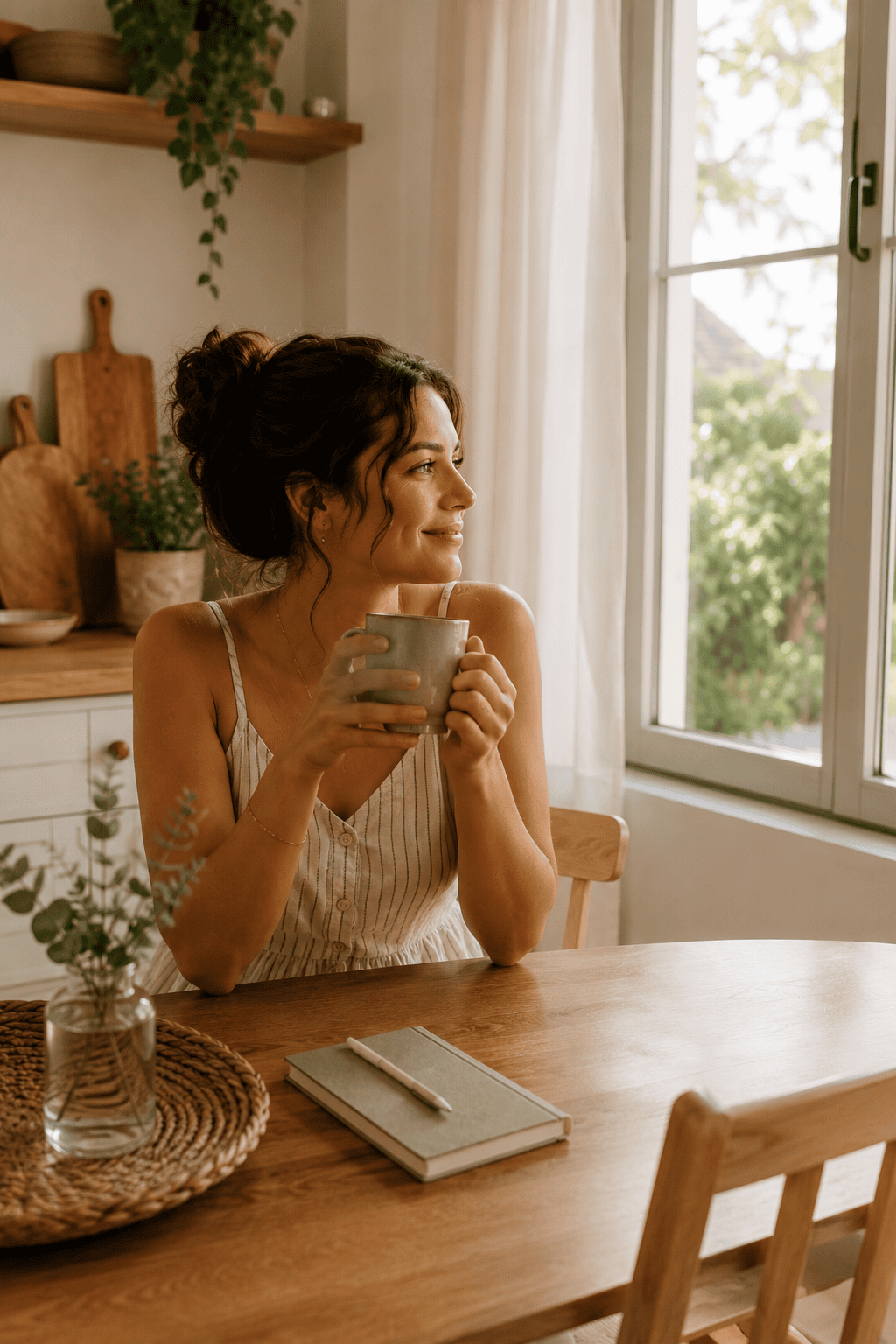 Femme sereine buvant un café tranquillement, moment de calme après la rentrée organisée
