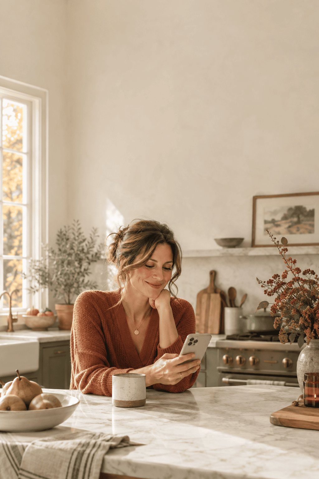Femme active consultant son relevé de carrière retraite sur son téléphone dans sa cuisine