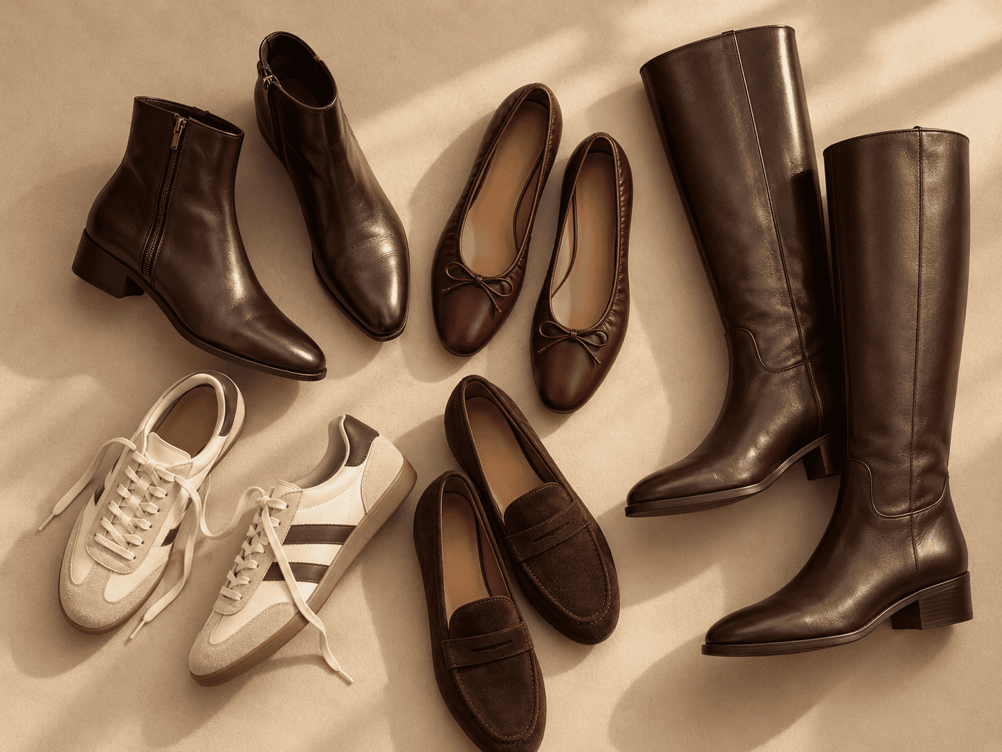 Flat-lay de chaussures tendance automne 2026 : bottines en cuir marron, ballerines bordeaux, mocassins en daim, sneakers blanches et bottes hautes en cuir