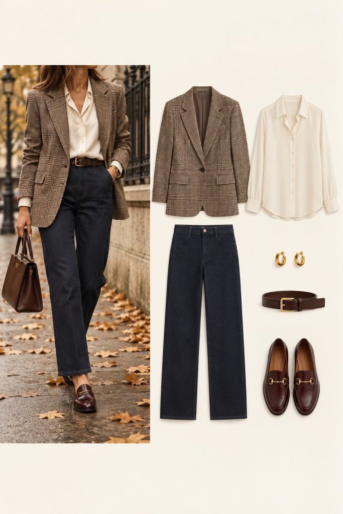 Tenue automne 2026 avec blazer cintré à carreaux, chemise écrue, jean brut et mocassins en cuir