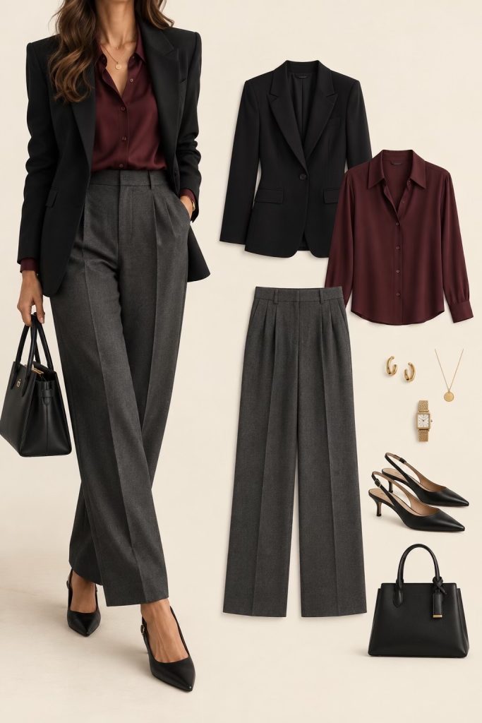 Tenue automne 2026 mêlant maille écrue et jupe satinée chocolat, avec manteau camel et bottines en cuir