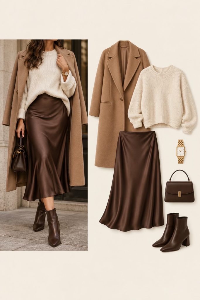 Tenue automne 2026 avec veste en daim camel, pull rayé écru et marine, pantalon large noir et accessoires en cuir