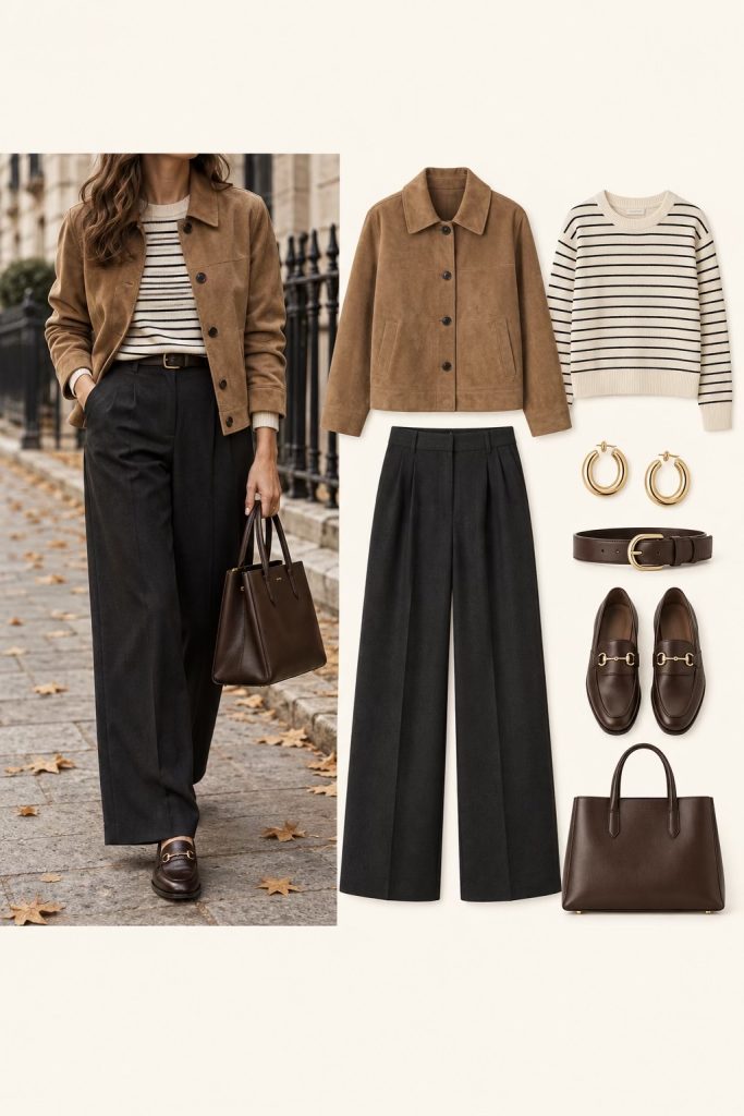 Tenue de travail automne 2026 : blazer kaki cintré, pull marron, pantalon large écru et accessoires en cuir marron