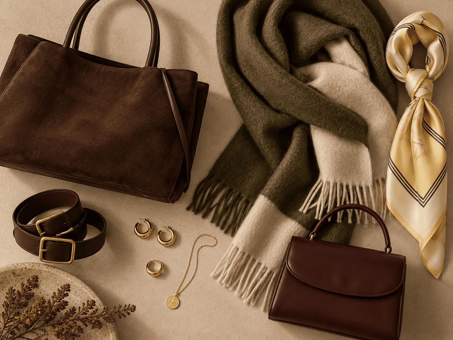 Flat-lay d'accessoires automne 2026 : sac en daim chocolat, ceinture en cuir, écharpe olive et écru, foulard en soie, sac bordeaux, bijoux dorés