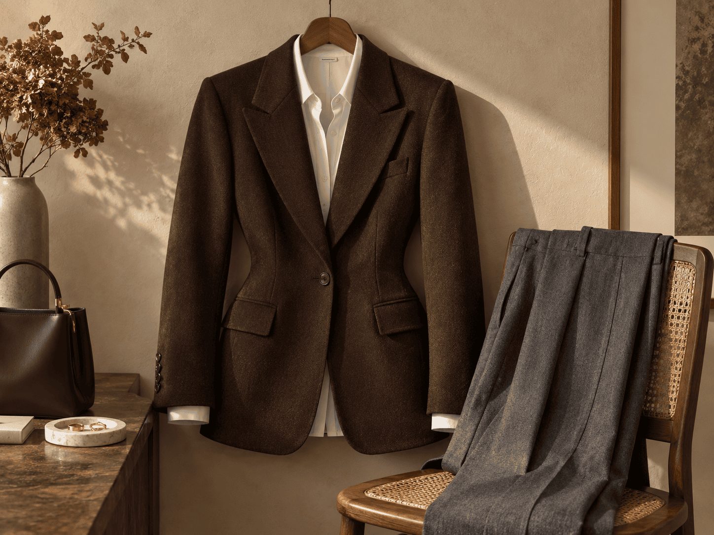 Blazer marron cintré au tailoring structuré porté sur chemise blanche, avec pantalon gris et sac en cuir, ambiance intérieure chaleureuse