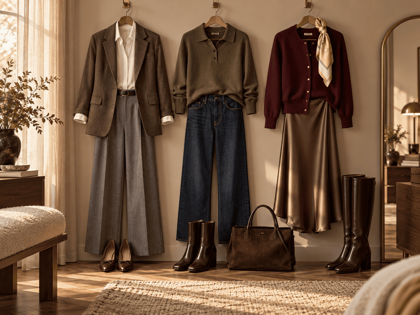 Trois tenues automne 2026 construites à partir d'une garde-robe capsule : blazer et pantalon large, jean et pull polo, jupe satinée et cardigan bordeaux, avec bottes et sac assortis