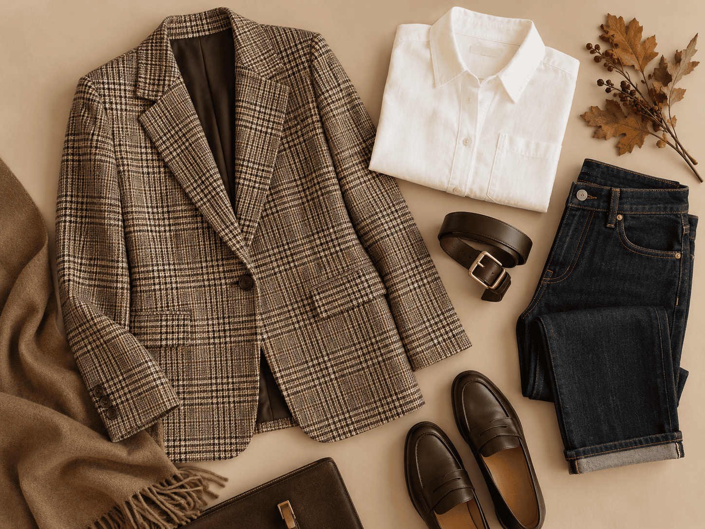 Flat-lay tenue à carreaux automne 2026 : blazer à carreaux marron et beige, chemise blanche, jean brut, ceinture en cuir et mocassins
