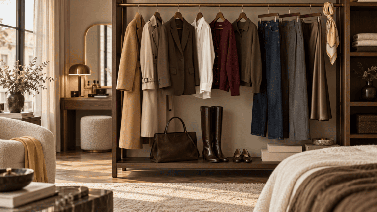 Penderie ouverte avec pièces automnales : manteau camel, trench, blazer marron, chemise blanche, pull polo kaki, cardigan bordeaux, jean brut, pantalon gris, jupe satinée, bottes et sac en cuir