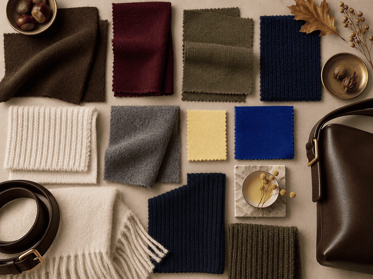 Palette de couleurs automne 2026 en échantillons de tissu : chocolat, bordeaux, olive, marine, écru, gris, jaune beurre et cobalt