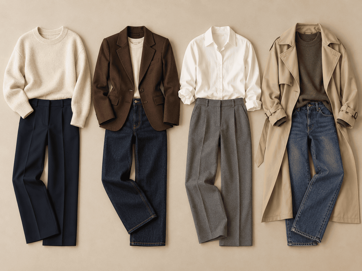 Quatre tenues automne 2026 construites autour de couleurs neutres : pull écru et pantalon marine, blazer chocolat et jean brut, chemise blanche et pantalon gris, trench beige et pull olive avec jean