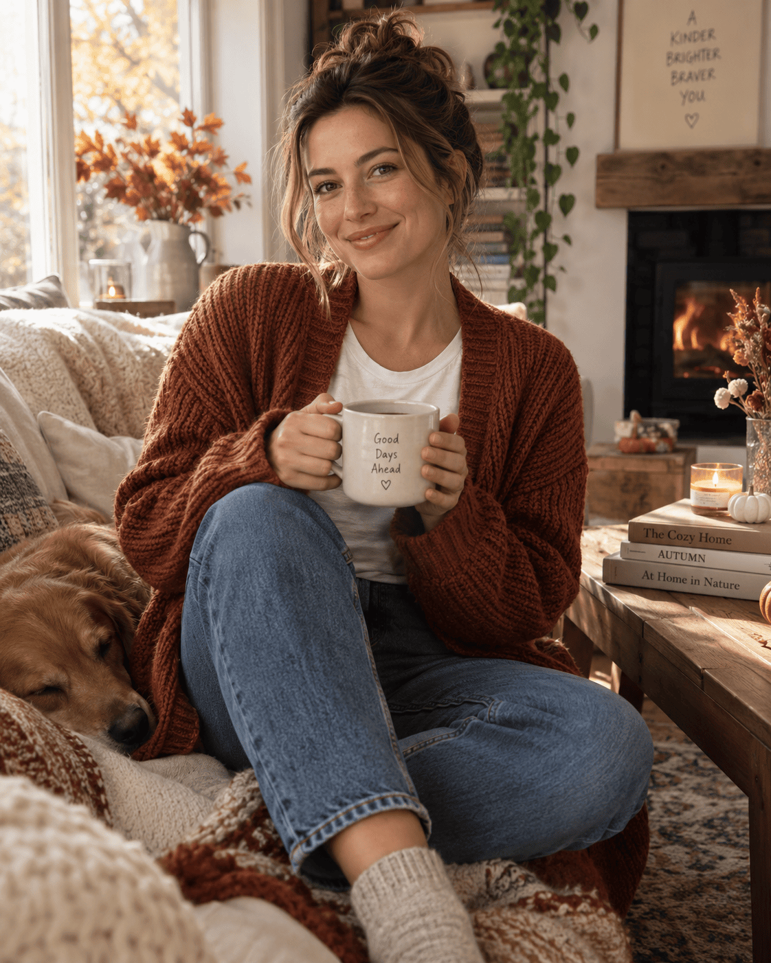 Femme souriante en cardigan terracotta assise près de la cheminée avec un café, ambiance cosy d'automne