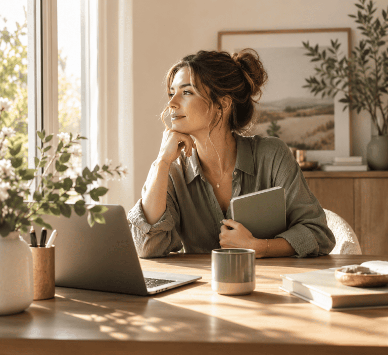 Femme active pensive à son bureau lumineux, carnet à la main, ambiance calme de rentrée