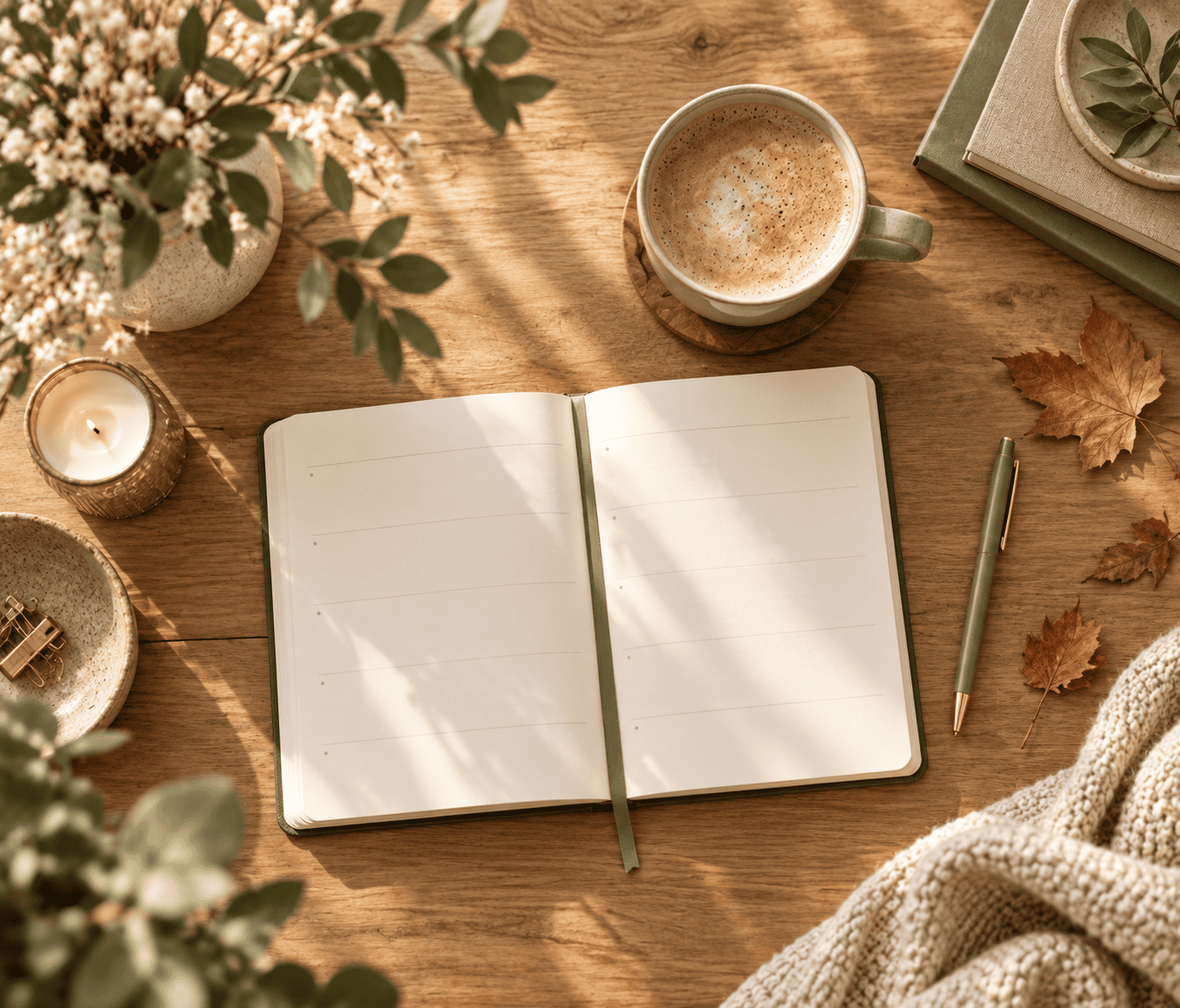 Flat lay d'un agenda ouvert avec une tasse de café et des feuilles d'automne sur une table en bois