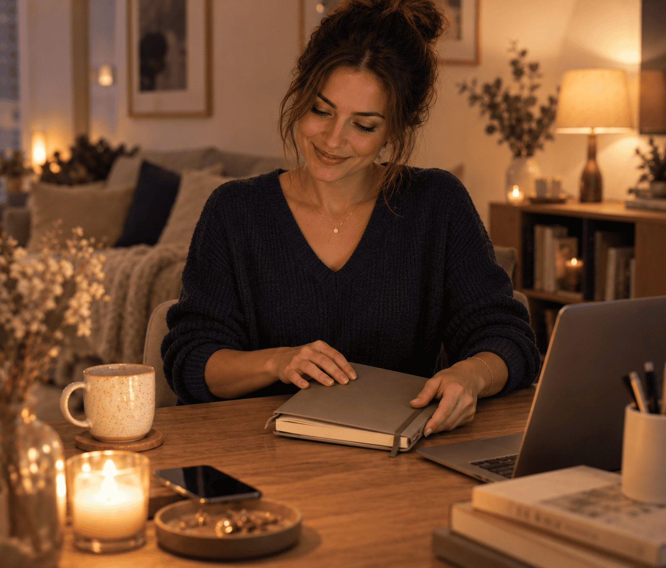 Femme souriante refermant son agenda le soir dans un intérieur chaleureux, sensation de légèreté
