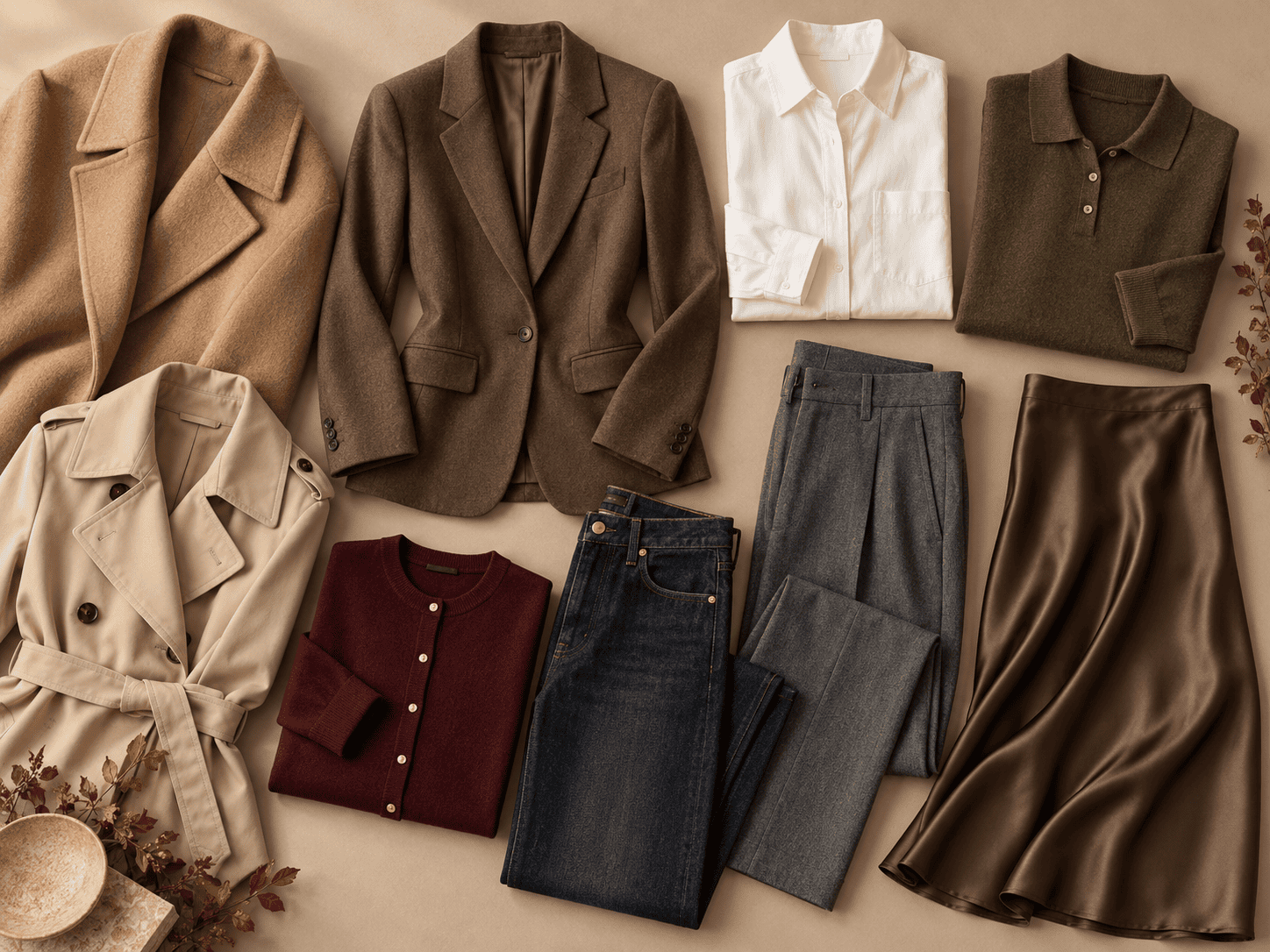 Flat-lay des 12 pièces tendance automne 2026 : manteau camel, trench beige, blazer marron, chemise blanche, pull polo kaki, cardigan bordeaux, jean brut, pantalon gris, jupe midi satinée
