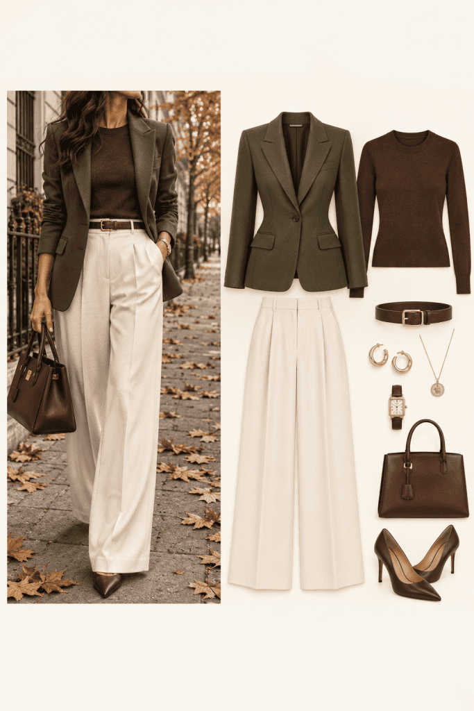 Tenue de tailoring féminin automne 2026 : blazer noir, chemise bordeaux, pantalon gris large et escarpins noirs
